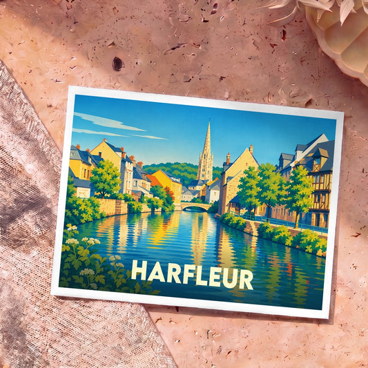 Carte postale souvenir de la ville de Harfleur avec une illustration stylisée d'un canal et d'une église.