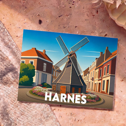 Carte postale souvenir de la ville de Harnes avec une illustration stylisée d'un moulin à vent.