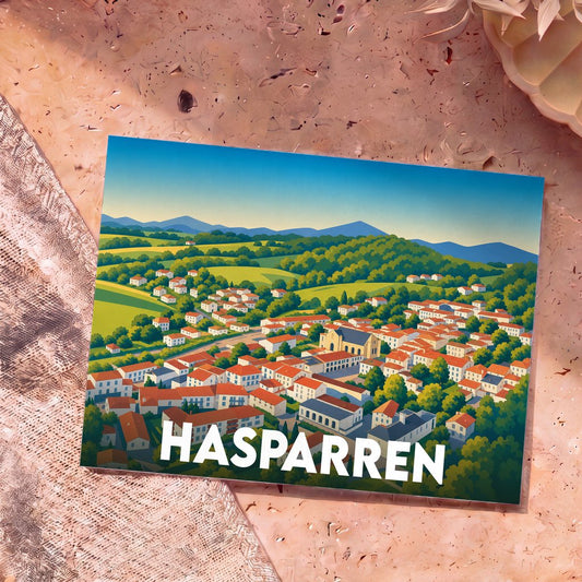 Carte postale souvenir de la ville de Hasparren avec une illustration stylisée et colorée de ses paysages.