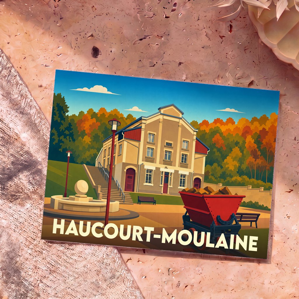 Carte postale souvenir de la ville de Haucourt-Moulaine avec une illustration stylisée d'un bâtiment historique et d'un wagonnet de mine.