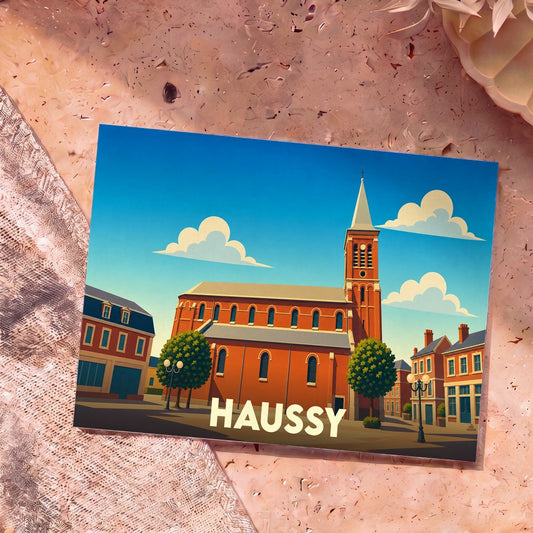 Carte postale souvenir de la ville de Haussy avec une illustration stylisée de son église et de ses bâtiments.