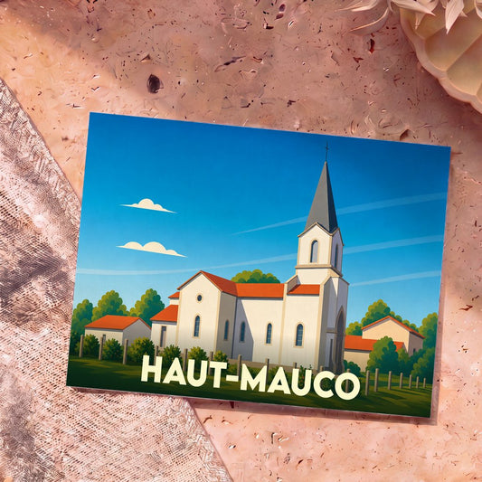 Carte postale souvenir de la ville de Haut-Mauco illustrant son église dans un style graphique épuré.