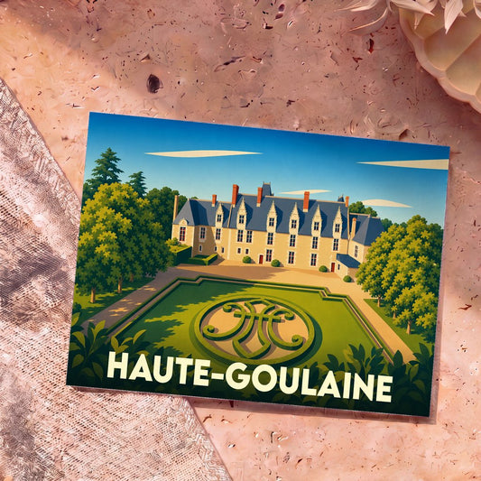 Carte postale souvenir de la ville de Haute-Goulaine illustrant son château et ses jardins à la française.