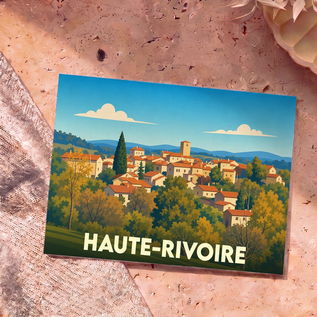 Carte postale souvenir de la ville de Haute-Rivoire avec une illustration stylisée d'un village pittoresque.