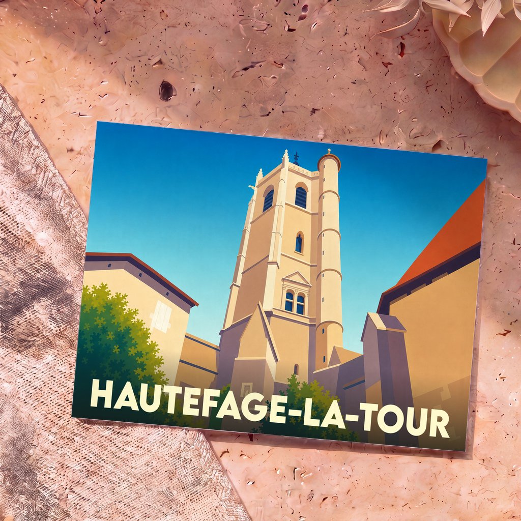 Carte postale souvenir de la ville de Hautefage-la-Tour avec une illustration stylisée de sa tour médiévale.