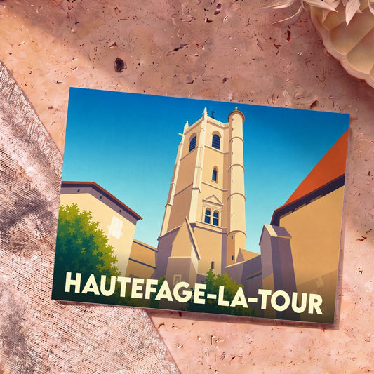 Carte postale souvenir de la ville de Hautefage-la-Tour avec une illustration stylisée de sa tour médiévale.