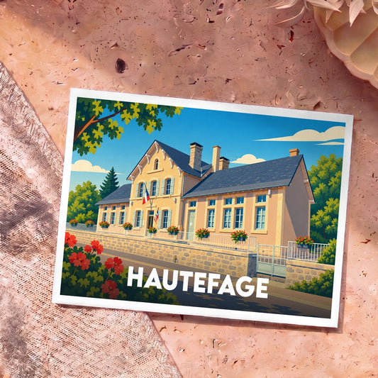 Carte postale souvenir de la ville de Hautefage avec une illustration colorée et stylisée de sa mairie.