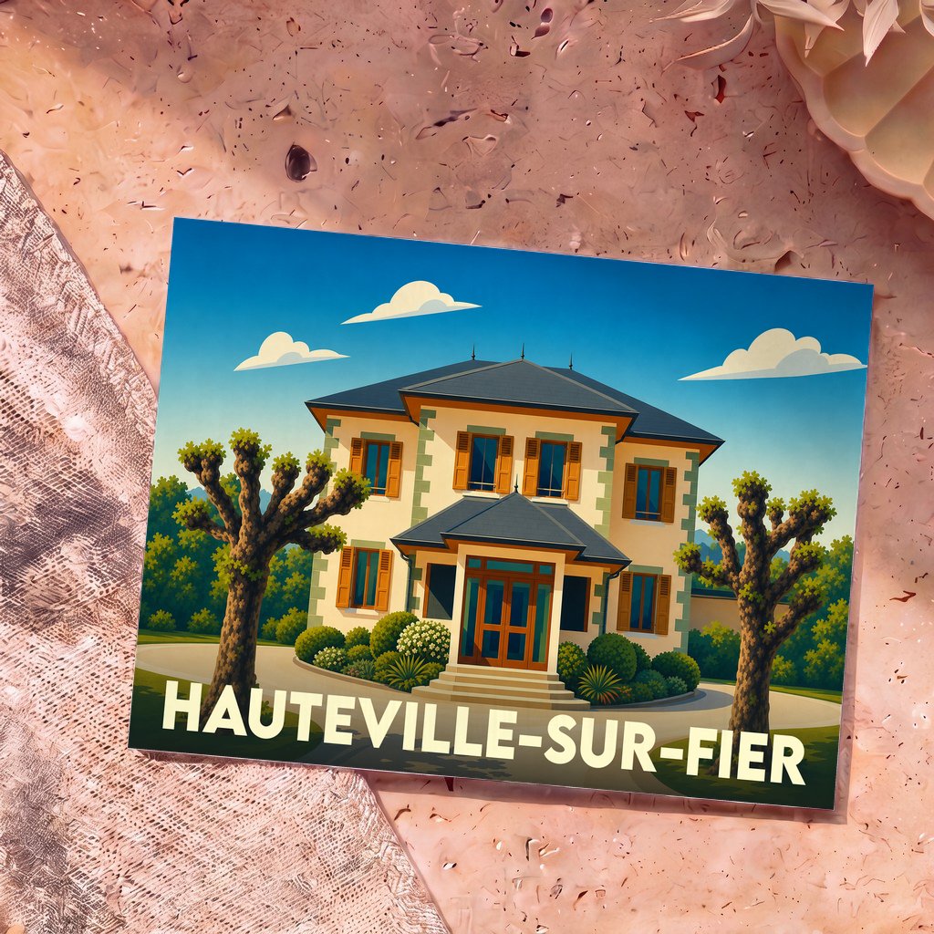 Carte postale souvenir de la ville de Hauteville-sur-Fier avec une illustration stylisée d'une maison régionale.