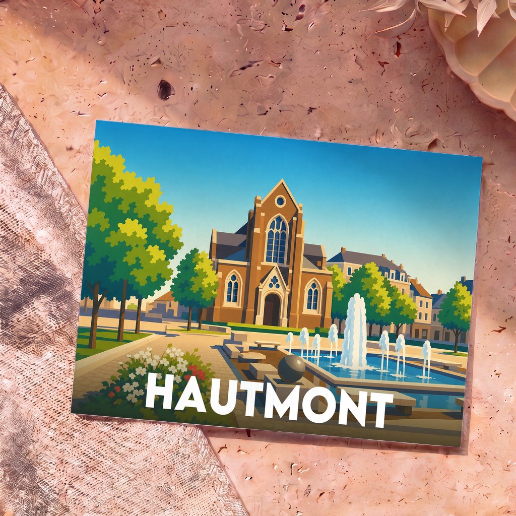 Carte postale souvenir de la ville d'Hautmont avec une illustration stylisée d'une place ensoleillée, de son église et d'une fontaine.
