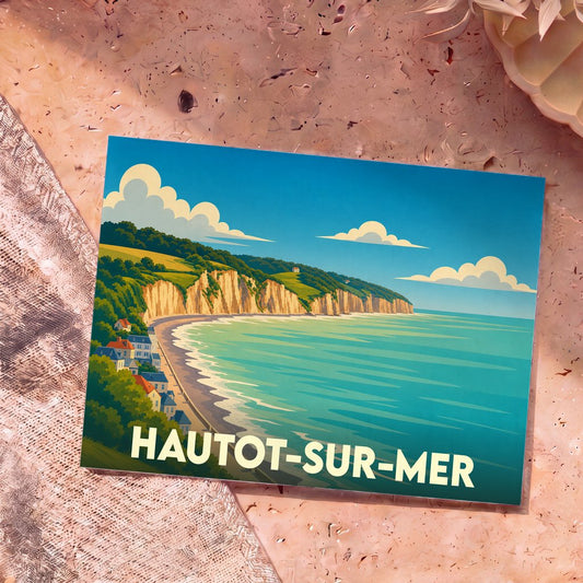 Carte postale souvenir de la ville de Hautot-sur-Mer avec une illustration stylisée de son littoral.