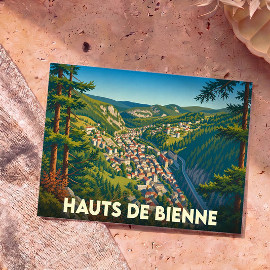 Carte postale souvenir de la ville de Hauts de Bienne avec une illustration stylisée d'un village de montagne.