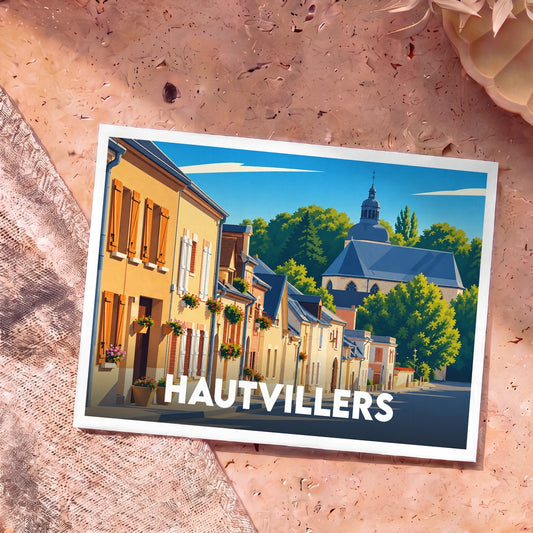 Carte postale souvenir de la ville de Hautvillers avec une illustration stylisée et colorée de ses rues pittoresques.