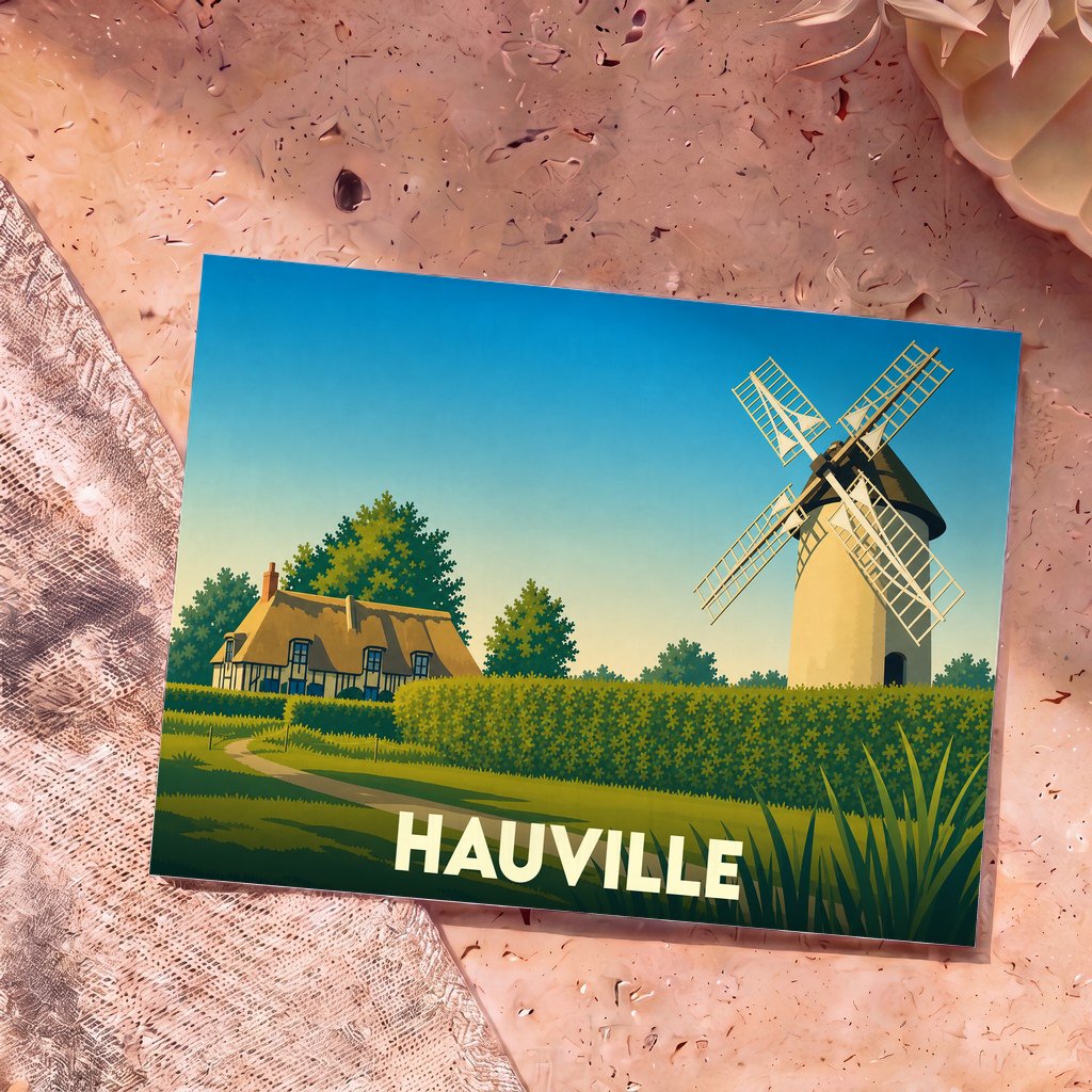 Carte postale souvenir de la ville de Hauville avec une illustration stylisée d'une chaumière et d'un moulin.