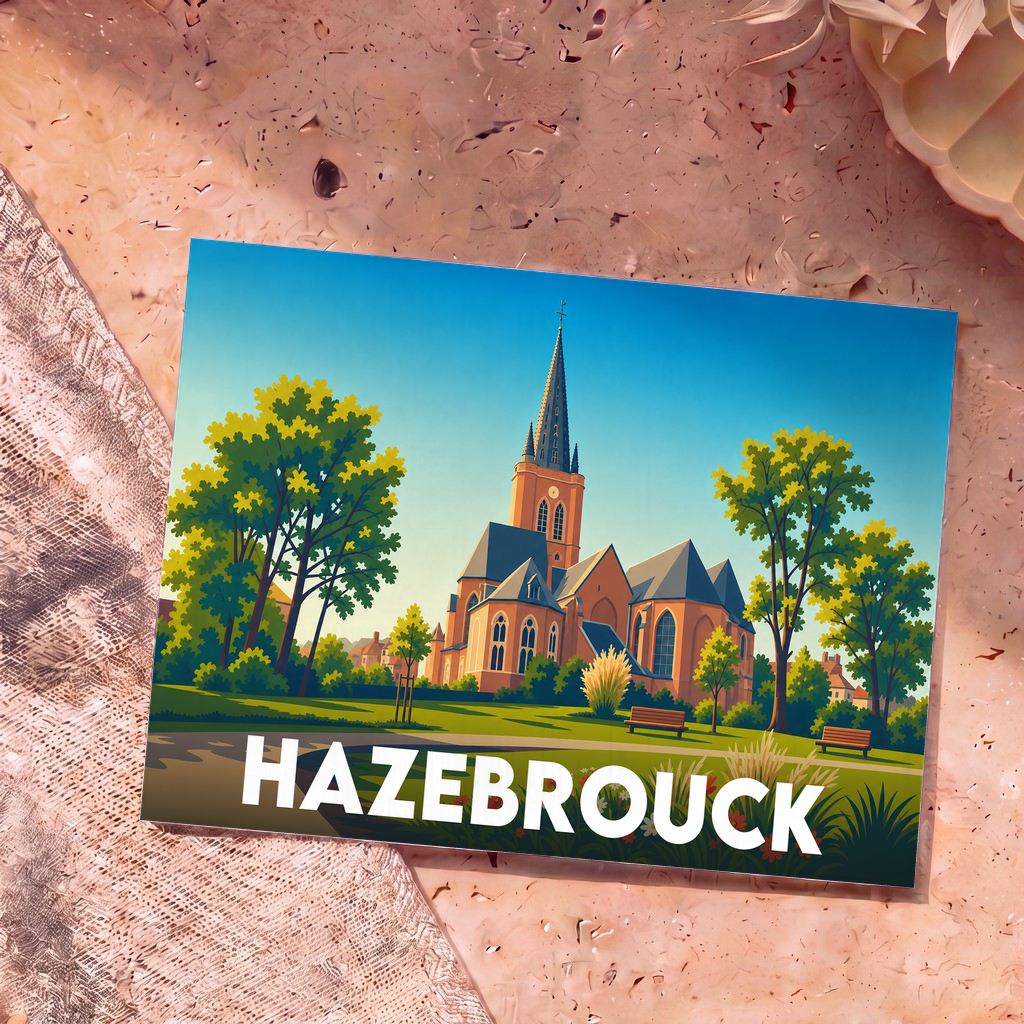 Carte postale souvenir de la ville de Hazebrouck avec une illustration stylisée de son église et de son parc.