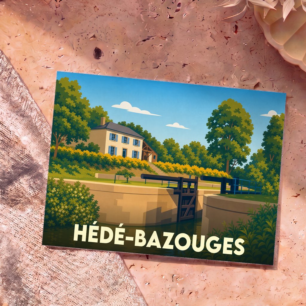 Carte postale souvenir de la ville de Hédé-Bazouges avec une illustration stylisée d'une écluse et d'une maison éclusière.