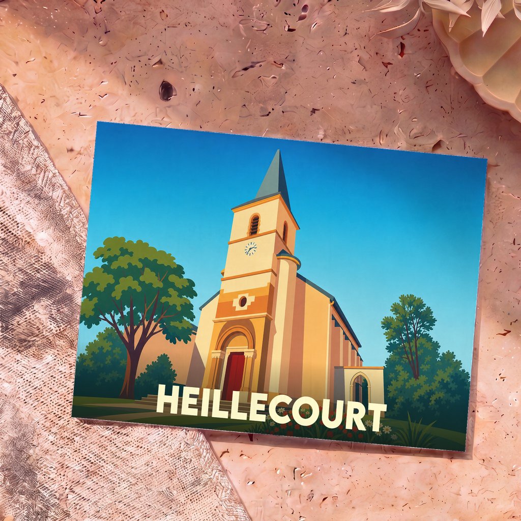 Carte postale souvenir de la ville de Heillecourt illustrant son église dans un style graphique épuré.