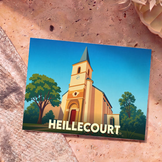 Carte postale souvenir de la ville de Heillecourt avec une illustration stylisée de son église sous un ciel bleu.