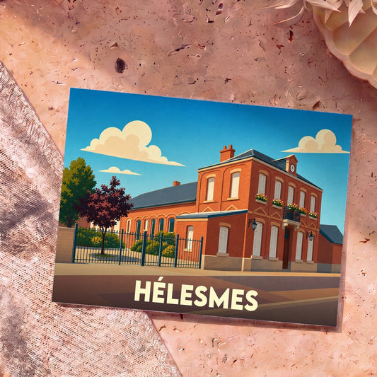 Carte postale souvenir de la ville de Hélesmes présentant une illustration stylisée de sa mairie en briques rouges.