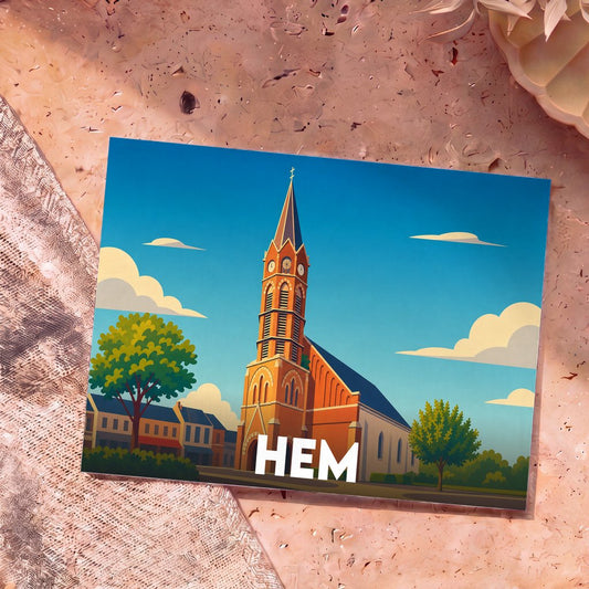 Carte postale souvenir de la ville de Hem avec une illustration stylisée d'une église.