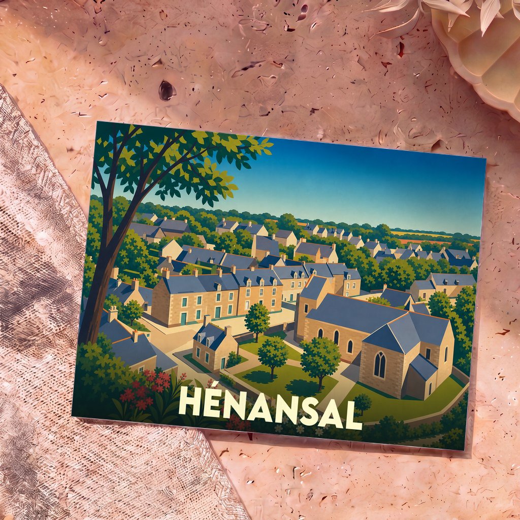 Carte postale souvenir de la ville de Hénansal avec une illustration stylisée.