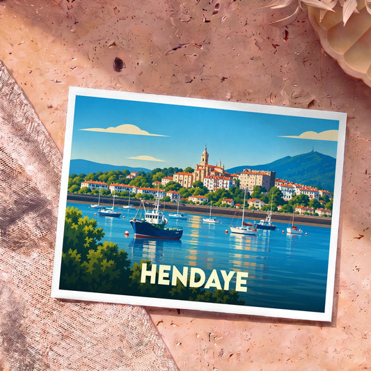 Carte postale souvenir de la ville de Hendaye avec une illustration colorée de son port et de son front de mer.