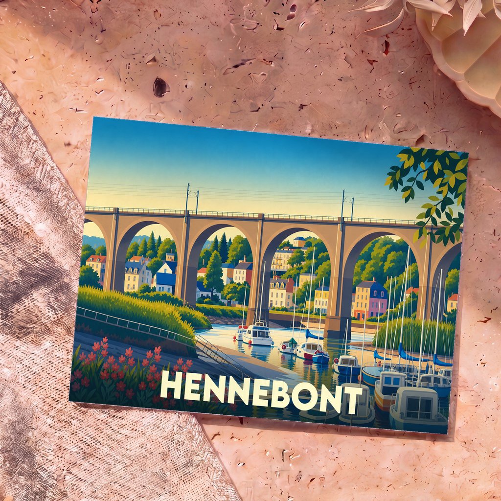 Carte postale souvenir de la ville d'Hennebont illustrant son viaduc et son port de plaisance dans un style graphique épuré.