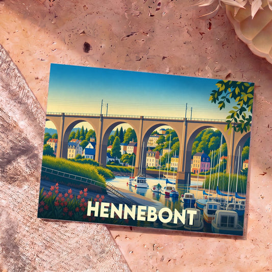 Carte postale souvenir de la ville d'Hennebont illustrant son viaduc et son port de plaisance dans un style graphique épuré.