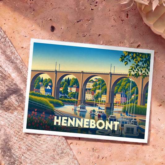 Carte postale souvenir de la ville d'Hennebont illustrant son viaduc et son port de plaisance dans un style graphique épuré.