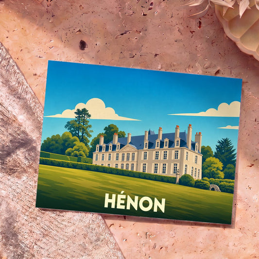 Carte postale souvenir de la ville de Hénon illustrant un château majestueux dans un style graphique épuré.