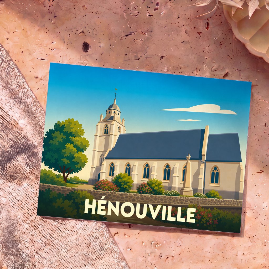 Carte postale souvenir de la ville de Hénouville avec une illustration stylisée de son église.