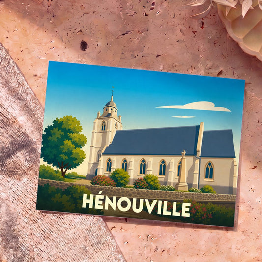 Carte postale souvenir de la ville de Hénouville avec une illustration stylisée de son église.