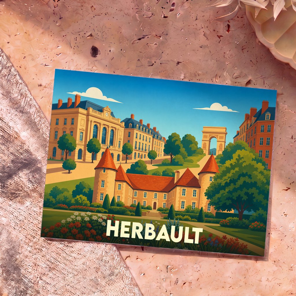 Carte postale souvenir de la ville d'Herbault avec une illustration stylisée de ses monuments.