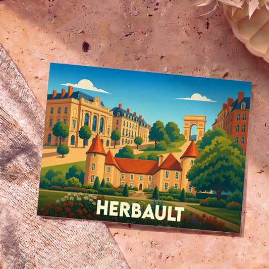 Carte postale souvenir de la ville d'Herbault avec une illustration stylisée de ses monuments.