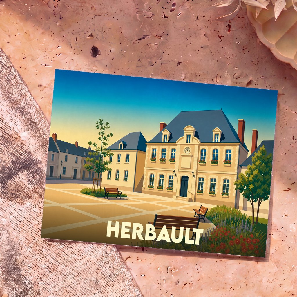 Carte postale souvenir de la ville de Herbault illustrant sa place centrale et ses bâtiments historiques dans un style graphique épuré.