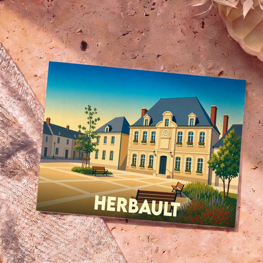 Carte postale souvenir de la ville de Herbault illustrant sa place centrale et ses bâtiments historiques dans un style graphique épuré.