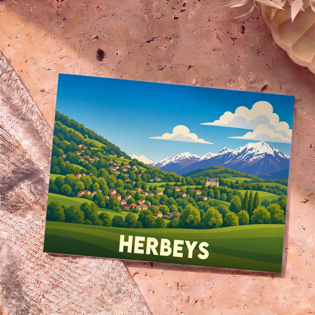 Carte postale souvenir de la ville d'Herbeys avec une illustration stylisée d'un paysage montagneux.