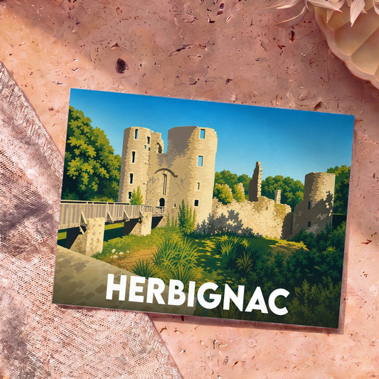 Carte postale souvenir de la ville d'Herbignac illustrant les ruines stylisées de son château médiéval.