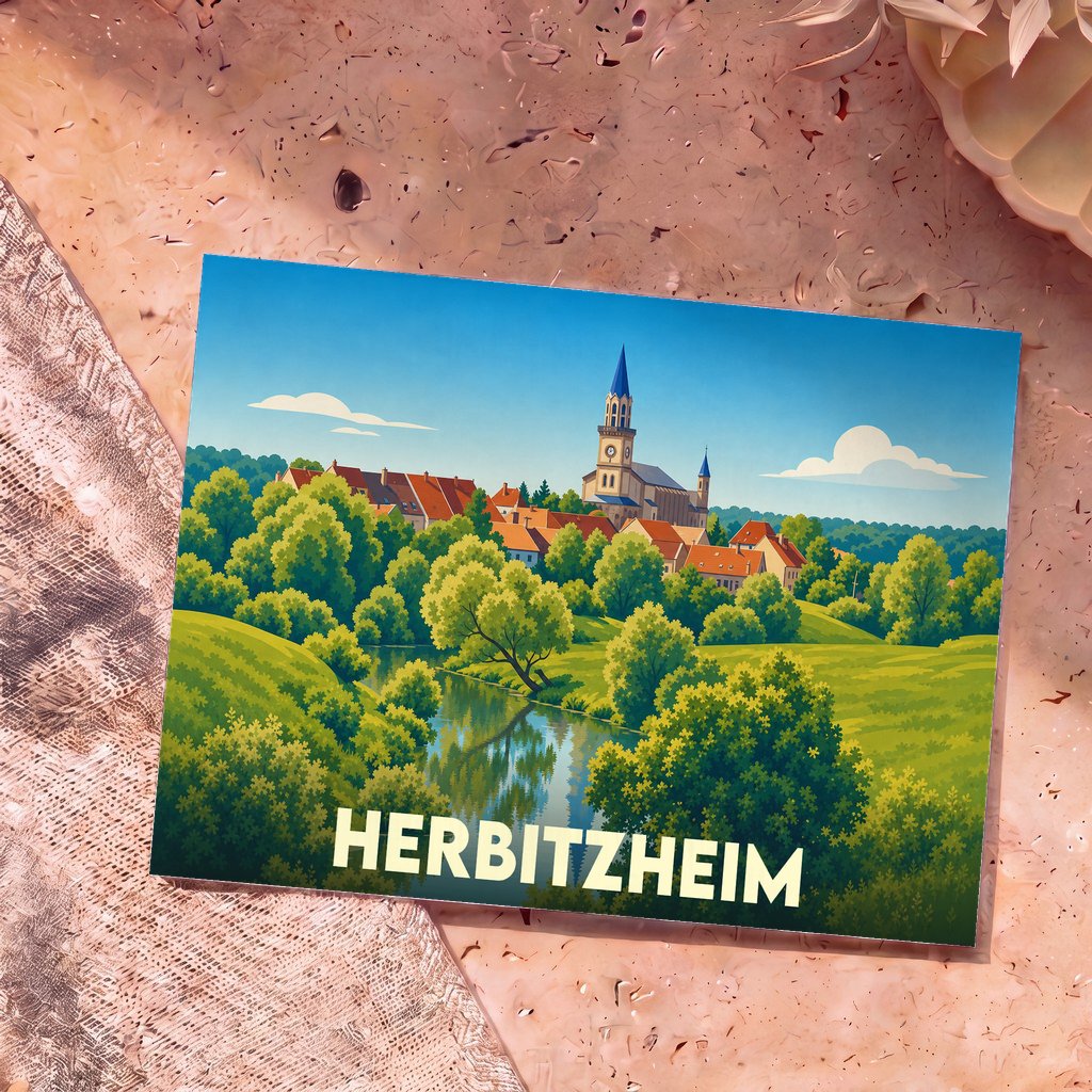 Carte postale souvenir de la ville de Herbitzheim avec une illustration stylisée d'un paysage urbain verdoyant.