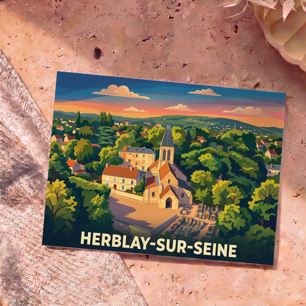 Carte postale souvenir de la ville de Herblay-sur-Seine avec une illustration colorée et stylisée de son église et de ses paysages verdoyants.