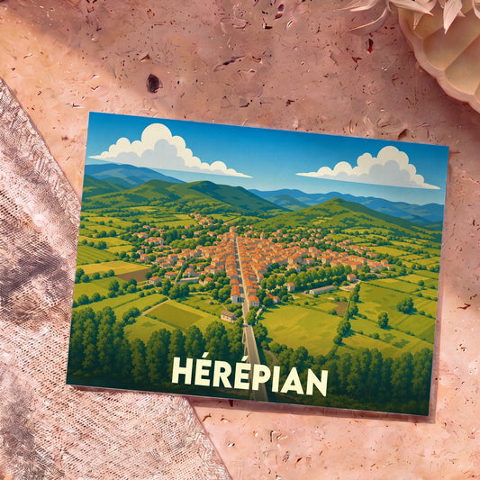 Carte postale souvenir de la ville de Hérépian avec une illustration stylisée vue du ciel.