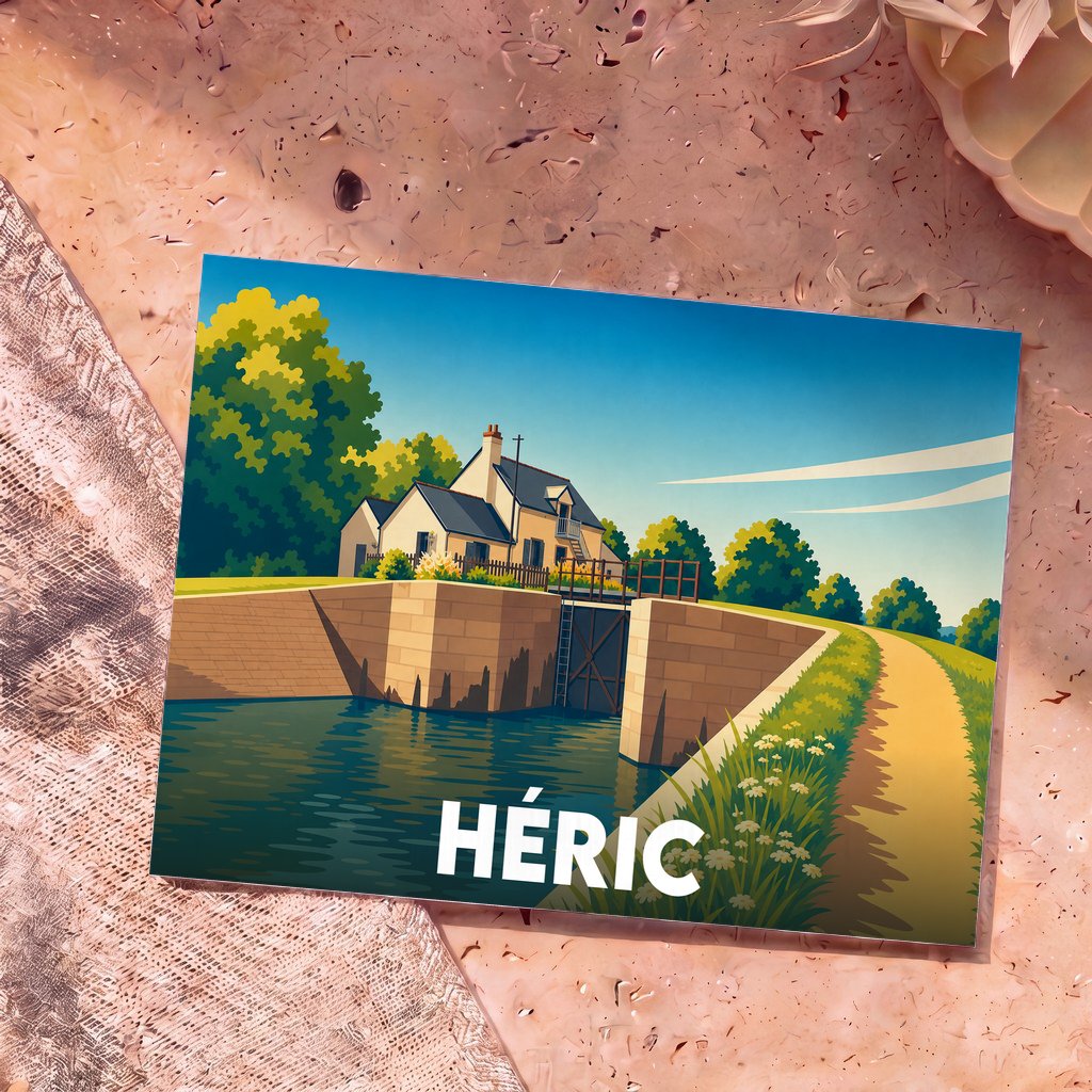 Carte postale souvenir de la ville de Héric illustrant une écluse et sa maisonnette dans un style graphique épuré.