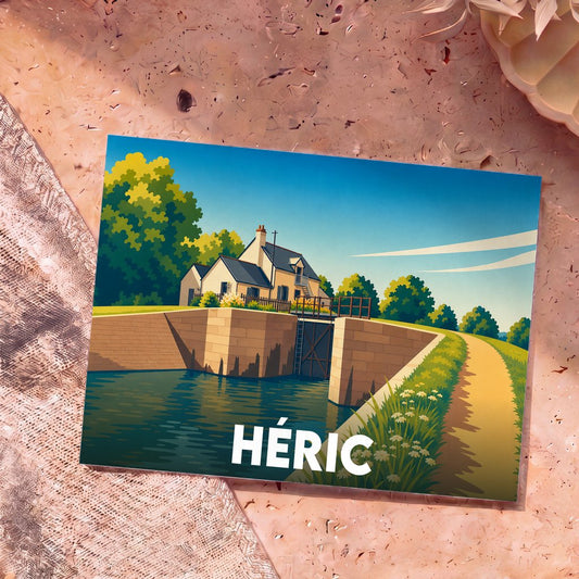 Carte postale souvenir de la ville de Héric illustrant une écluse et sa maisonnette dans un style graphique épuré.