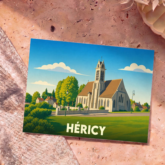 Carte postale souvenir de la ville de Héricy illustrant son église dans un style graphique épuré.