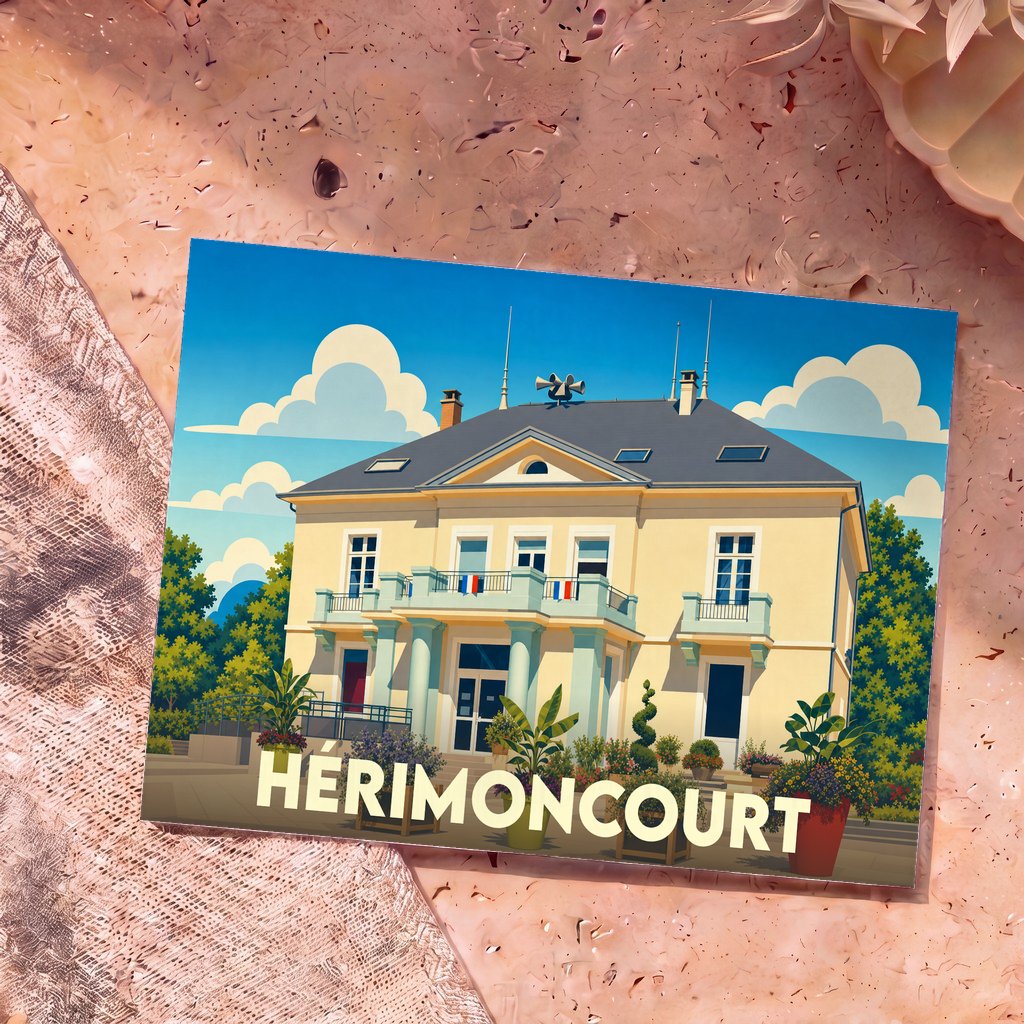 Carte postale souvenir de la ville de Hérimoncourt présentant une illustration stylisée de son hôtel de ville.