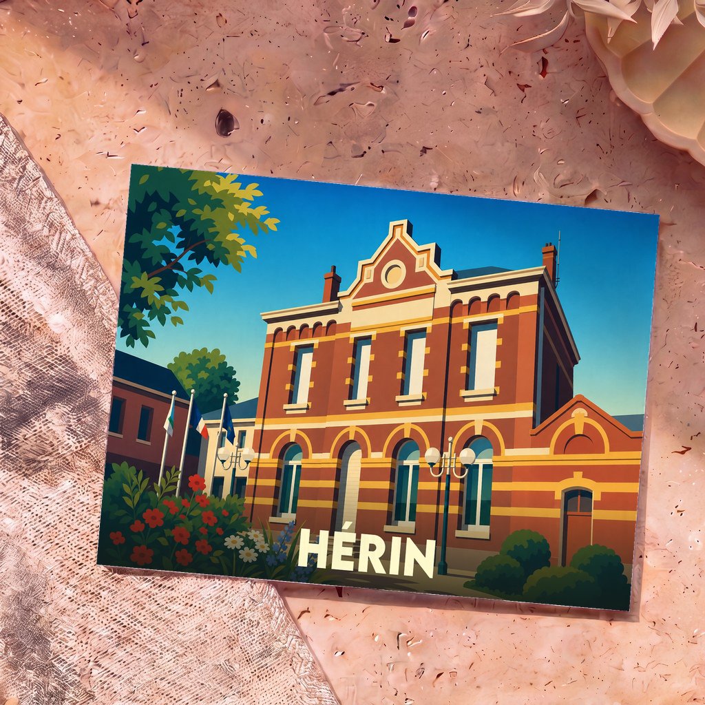 Carte postale souvenir de la ville de Hérin illustrant son hôtel de ville dans un style graphique épuré.