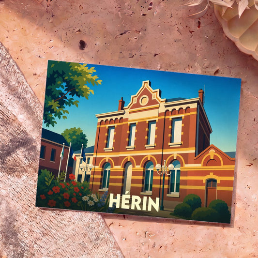Carte postale souvenir de la ville de Hérin avec une illustration stylisée de son hôtel de ville.