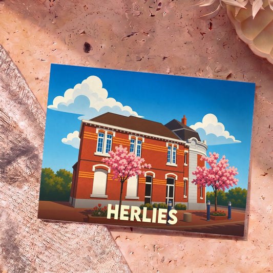 Carte postale souvenir de la ville de Herlies avec une illustration stylisée de sa mairie et de cerisiers en fleurs.