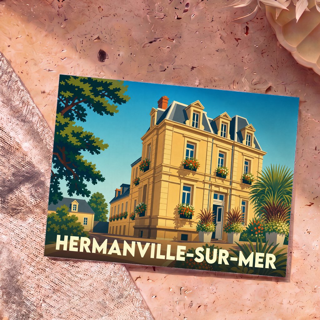 Carte postale souvenir de la ville de Hermanville-sur-Mer avec une illustration stylisée d'une grande villa balnéaire.