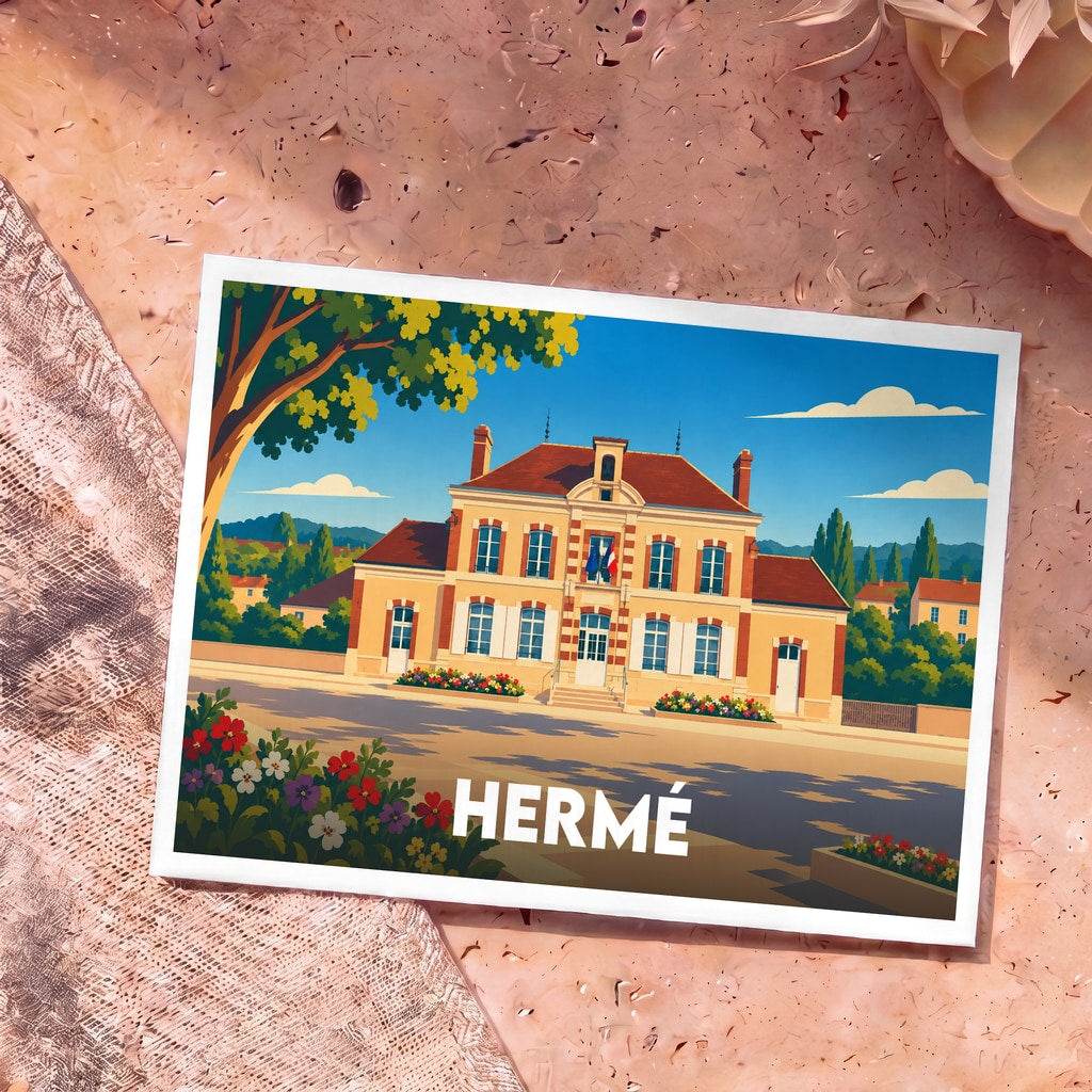 Carte postale souvenir de la ville de Hermé avec une illustration stylisée de son hôtel de ville.