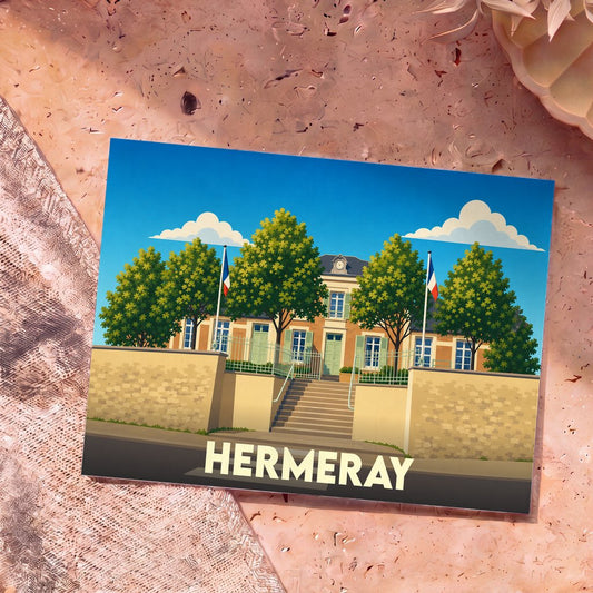 Carte postale souvenir de la ville de Hermeray avec une illustration stylisée de sa mairie.